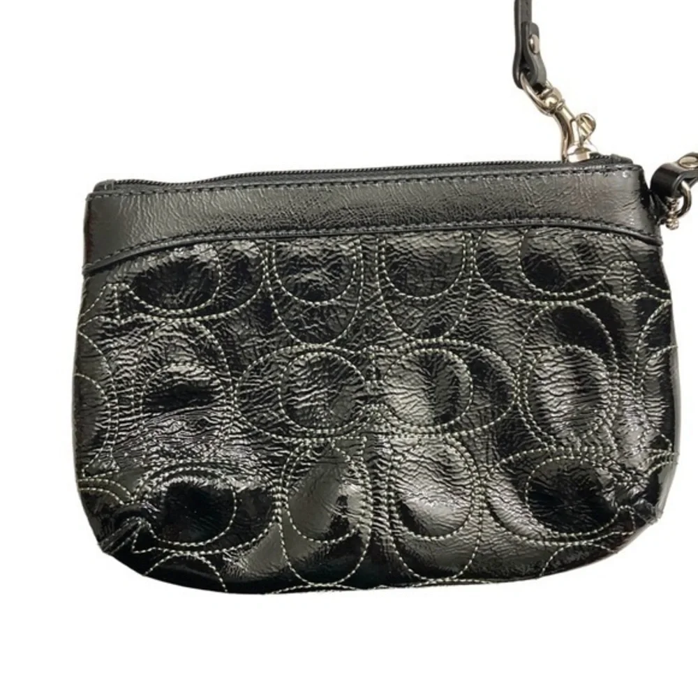 Coach black patent leather stitched signature c wristlet bag
